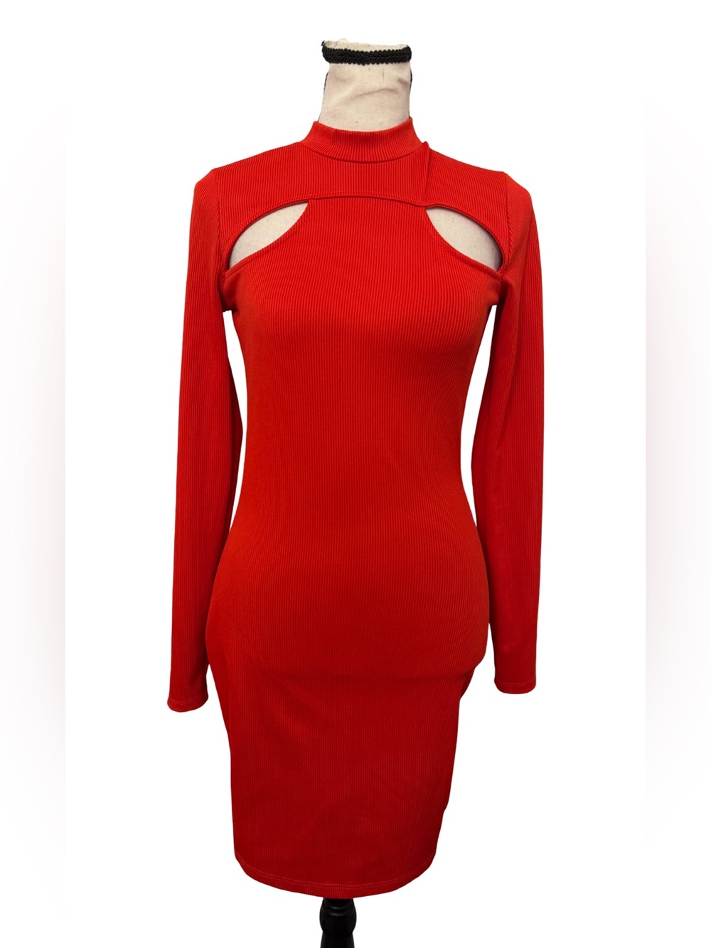 H&M Divided Red Ribbed Cutout Bodycon Mini Dress Long Sleeve Mock Neck Small